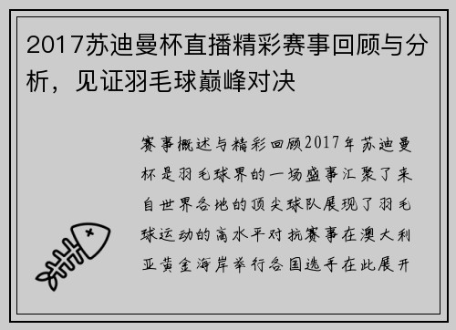 2017苏迪曼杯直播精彩赛事回顾与分析，见证羽毛球巅峰对决