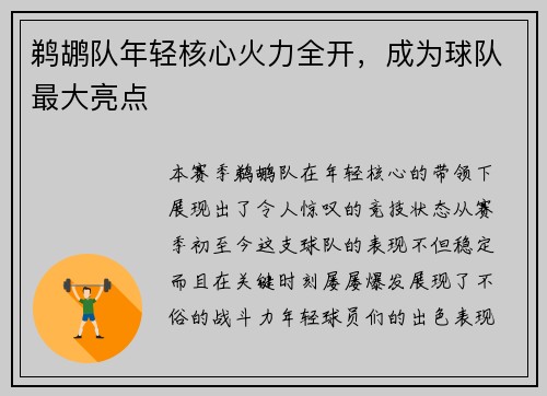 鹈鹕队年轻核心火力全开，成为球队最大亮点
