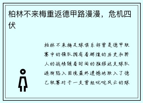 柏林不来梅重返德甲路漫漫，危机四伏